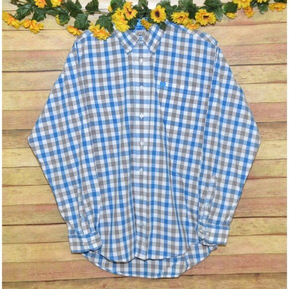 Cinch Men's L Blue Plaid Button Front Western Shirt Contrast Cuffs Cotton Cowboy - Picture 5 of 10